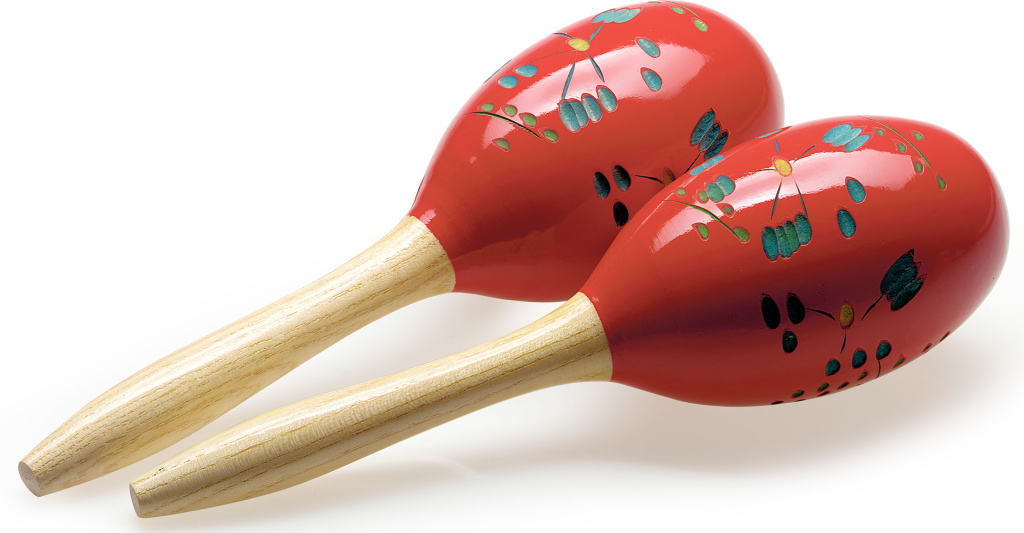 Paire de maracas ovales en bois, finition fleur, rouge, 28 cm