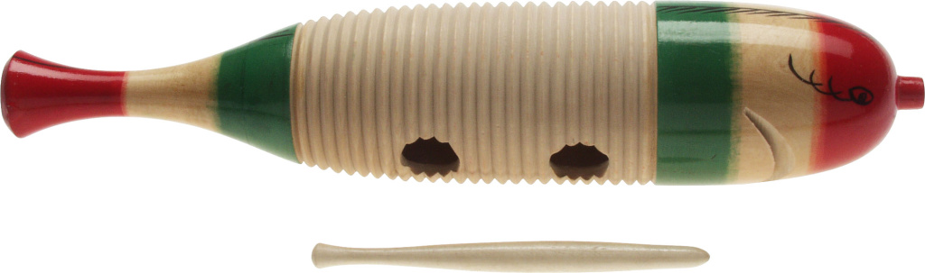 Grand güiro en bois en forme de poisson, avec mailloche