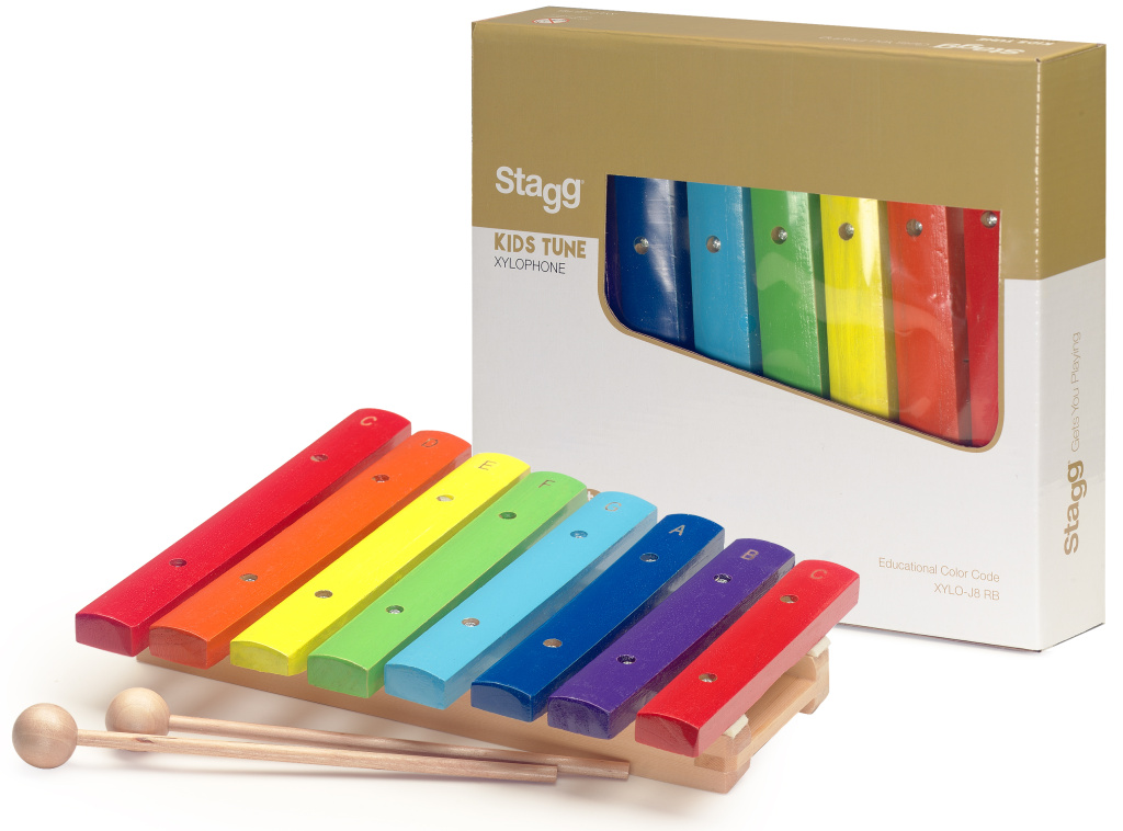 Xylophone avec 8 lames de différentes couleurs et deux mailloches en bois