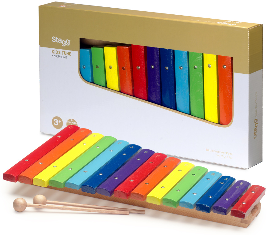 Xylophone avec 15 lames de différentes couleurs et deux mailloches en bois