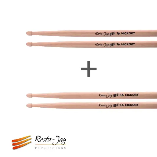 [Lot5A+7A-RJ] Lot de 2 paires de baguettes de Caisse-claire/Batterie - 7A et 5A Hickory